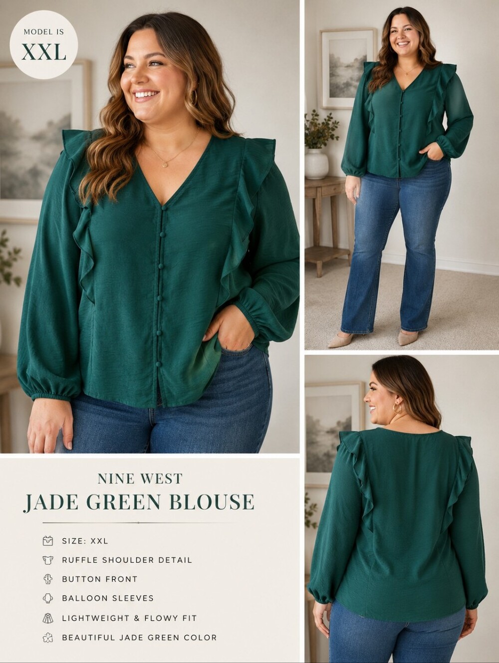 Nine West Jade Green Ruffle Blouse | Women’s XXL | Romantic Feminine Top